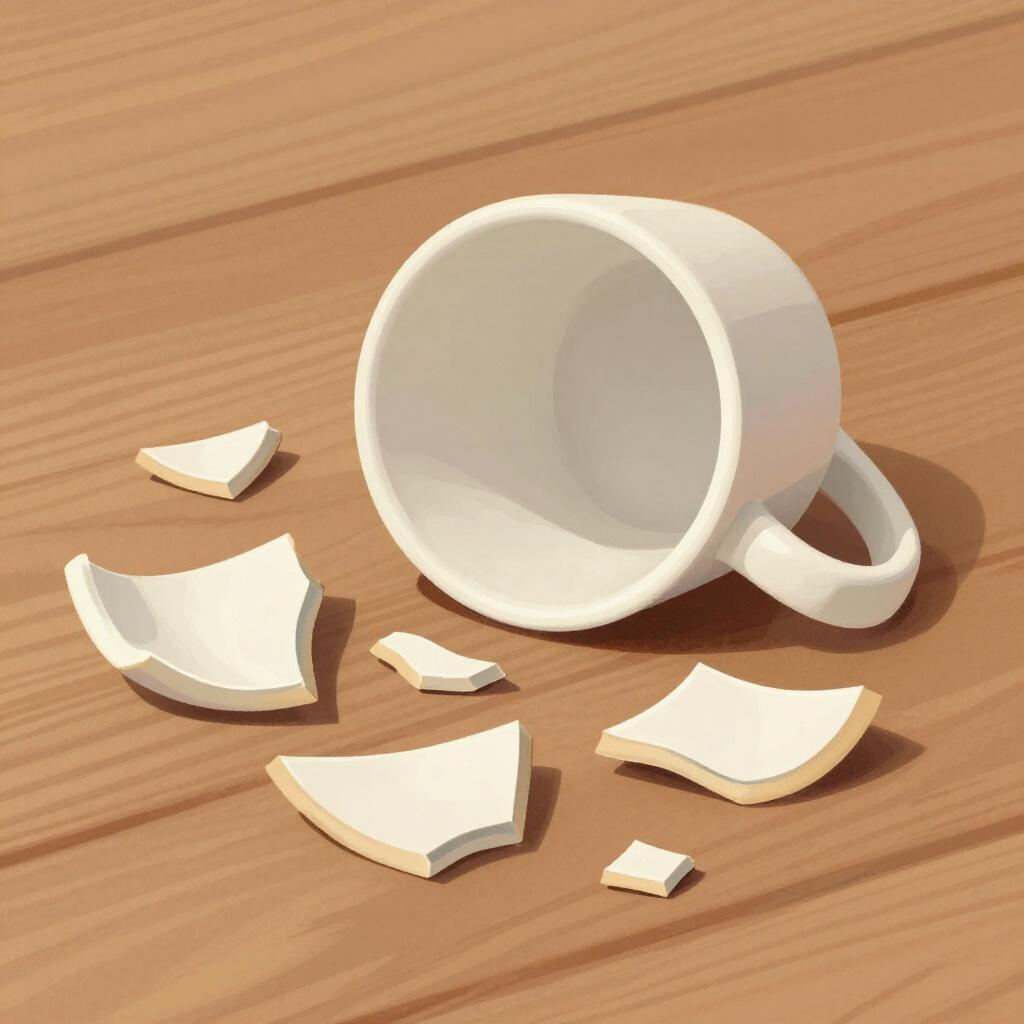 A colorful storybook illustration of a ceramic mug broken into several large pieces on a wooden floor.