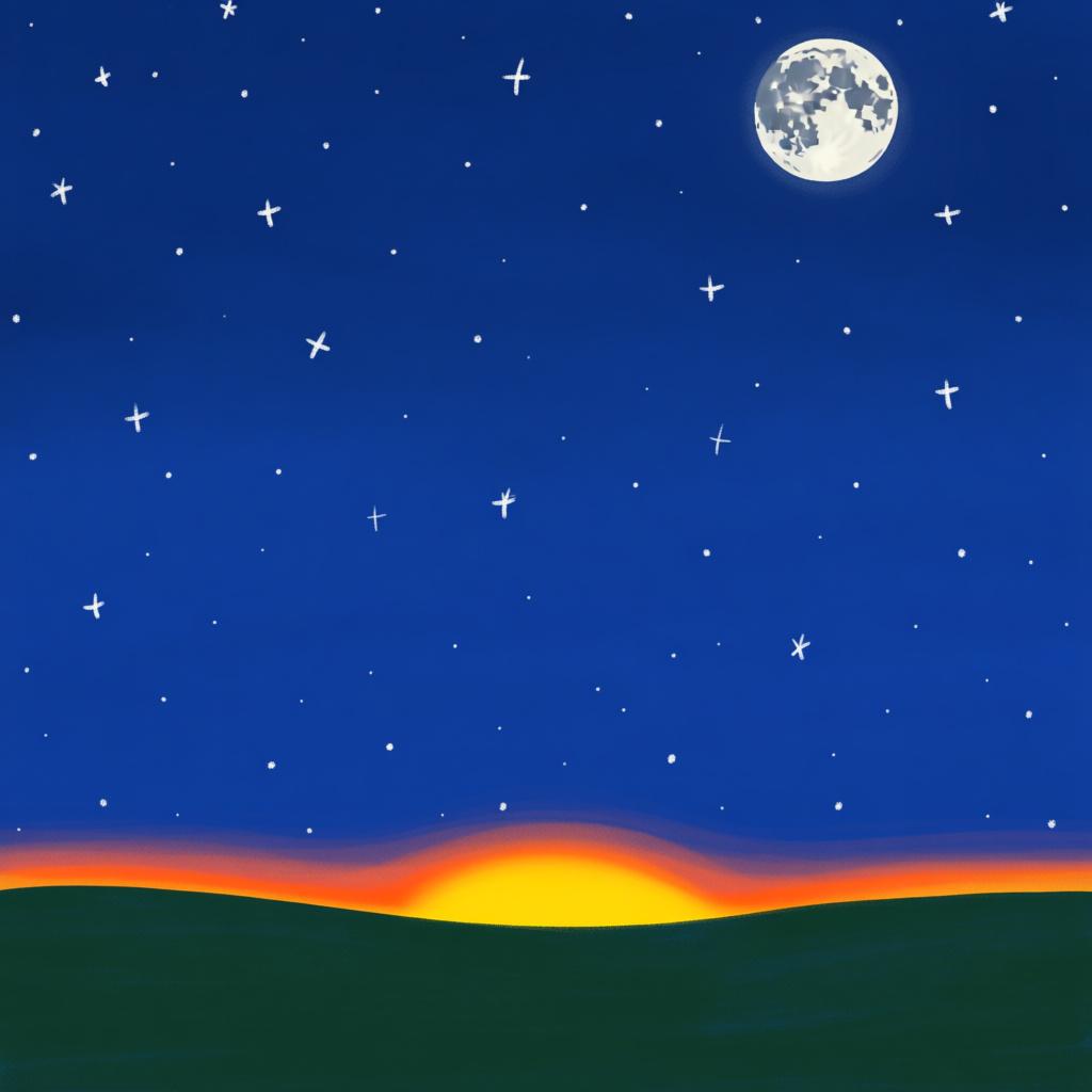 A peaceful landscape showing a dark night sky filled with stars and a moon, with the first sliver of warm, orange light appearing on the horizon, signifying the end of the night.
