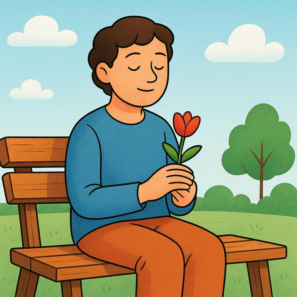 A serene young person sitting calmly on a wooden bench in a garden, holding a single flower, illustrating the quality of patience.