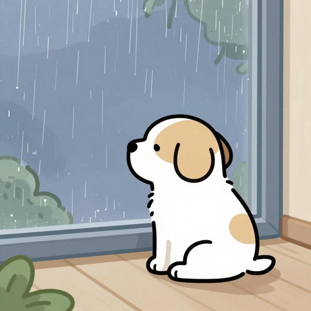 A sad dog sitting by a window looking outside.