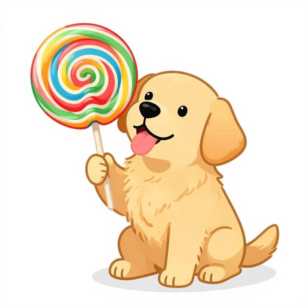 カラフルな大きなロリポップを舐めている、人懐っこいゴールデンレトリバー。