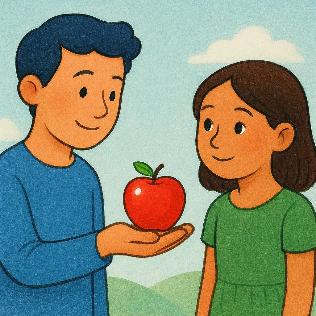 A small child holds out a single bright red apple with an open hand towards another child who is looking eagerly at the apple.