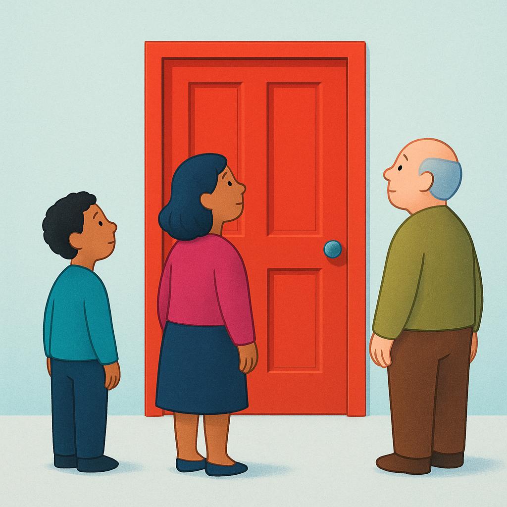 A simple storybook illustration showing three diverse individuals standing patiently in a line, looking expectantly towards an unseen arrival point, conveying the action of waiting.