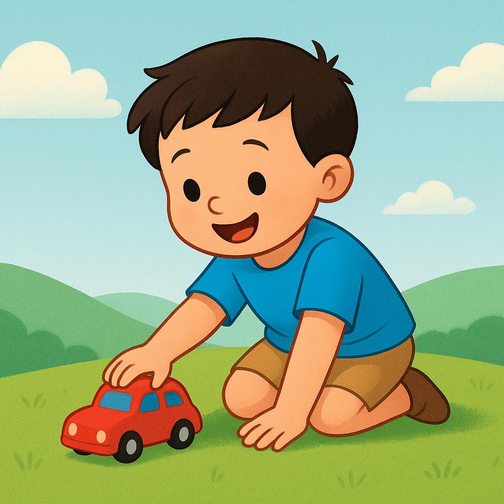 A small boy wearing a blue shirt and shorts is kneeling on a grassy hill, playing with a bright red toy car.