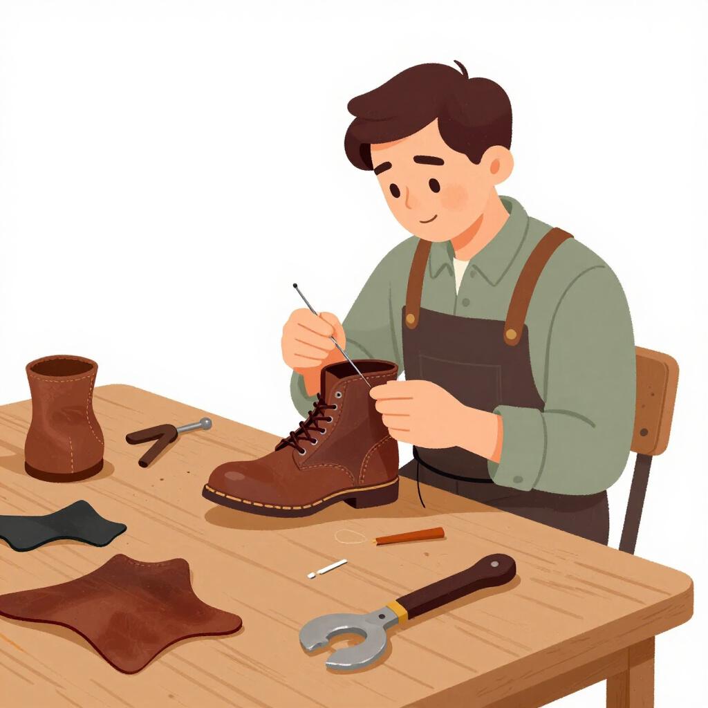 A skilled artisan sitting at a wooden workbench, carefully stitching a brown leather shoe with a needle and thread.