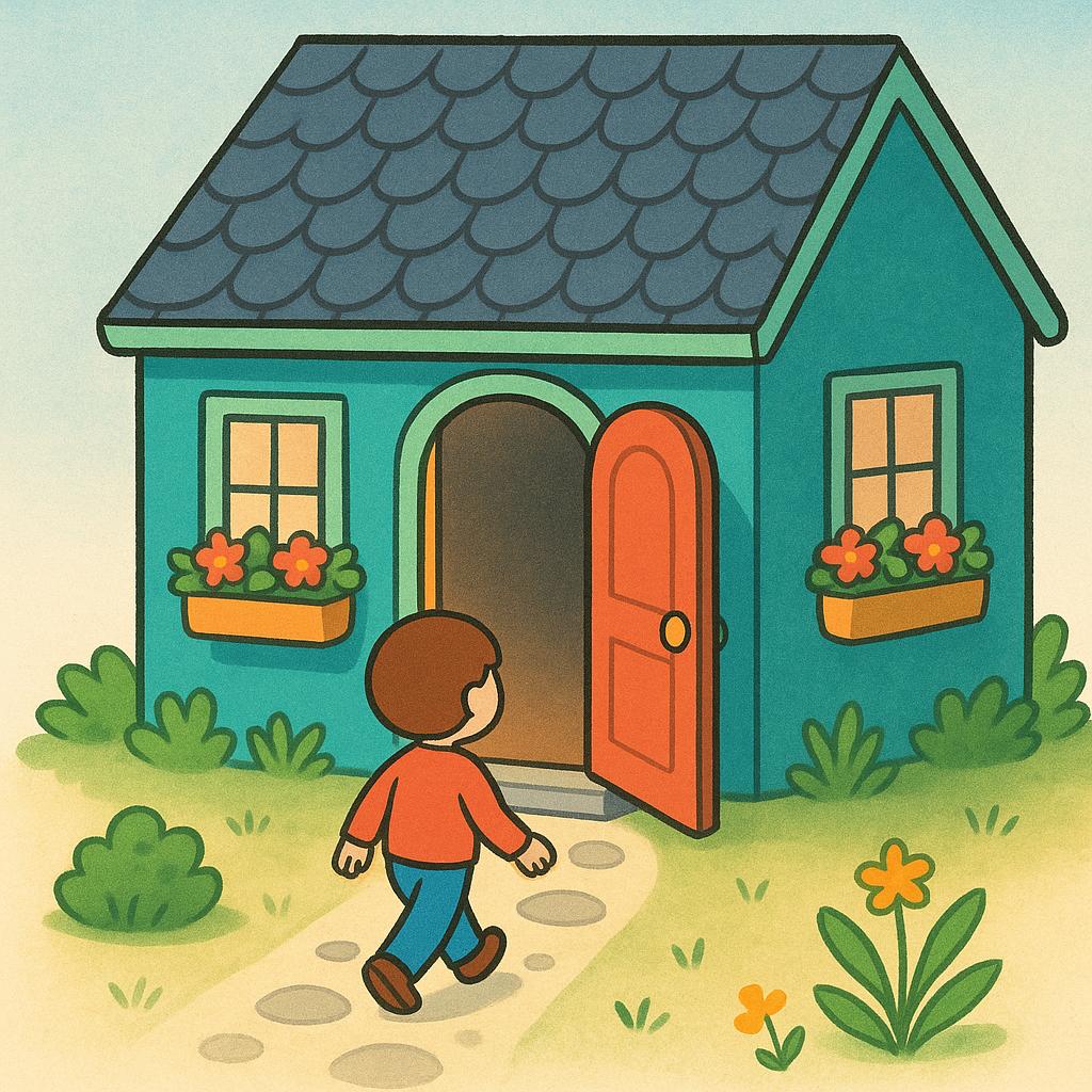 A simplified storybook illustration showing a small figure walking away from the open front door of a brightly colored cottage, symbolizing departure.