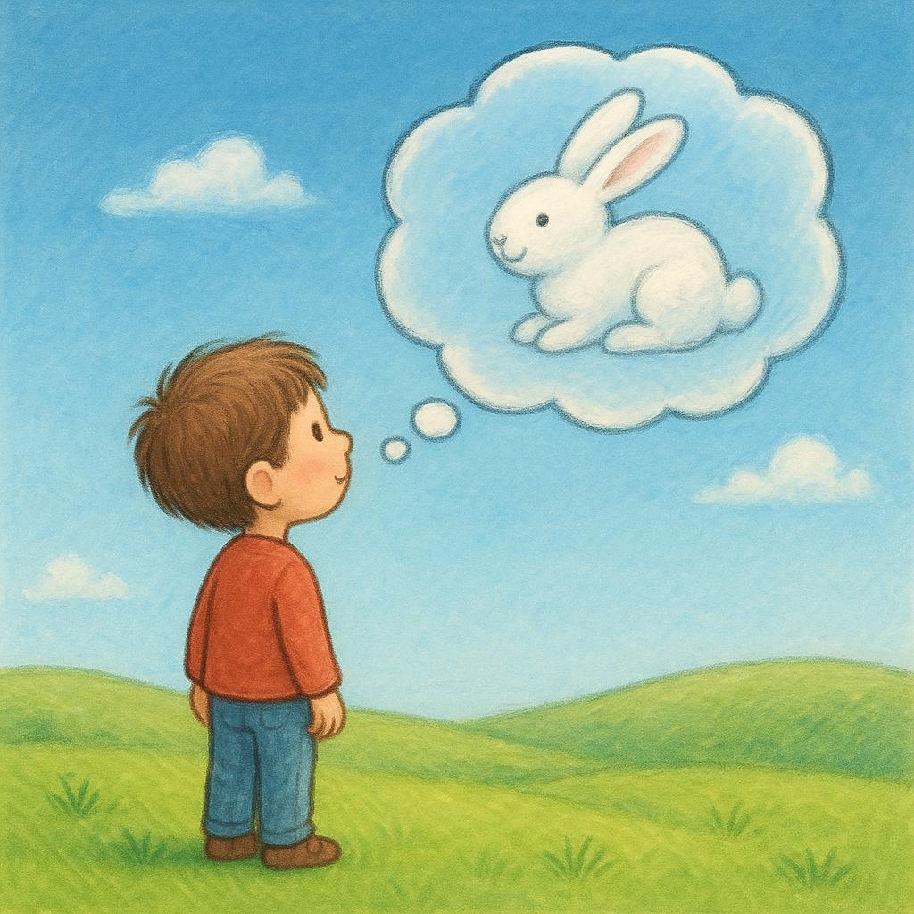 A storybook illustration of a child looking up at a cloud that, in a thought bubble above the child's head, appears to be shaped like a friendly rabbit.