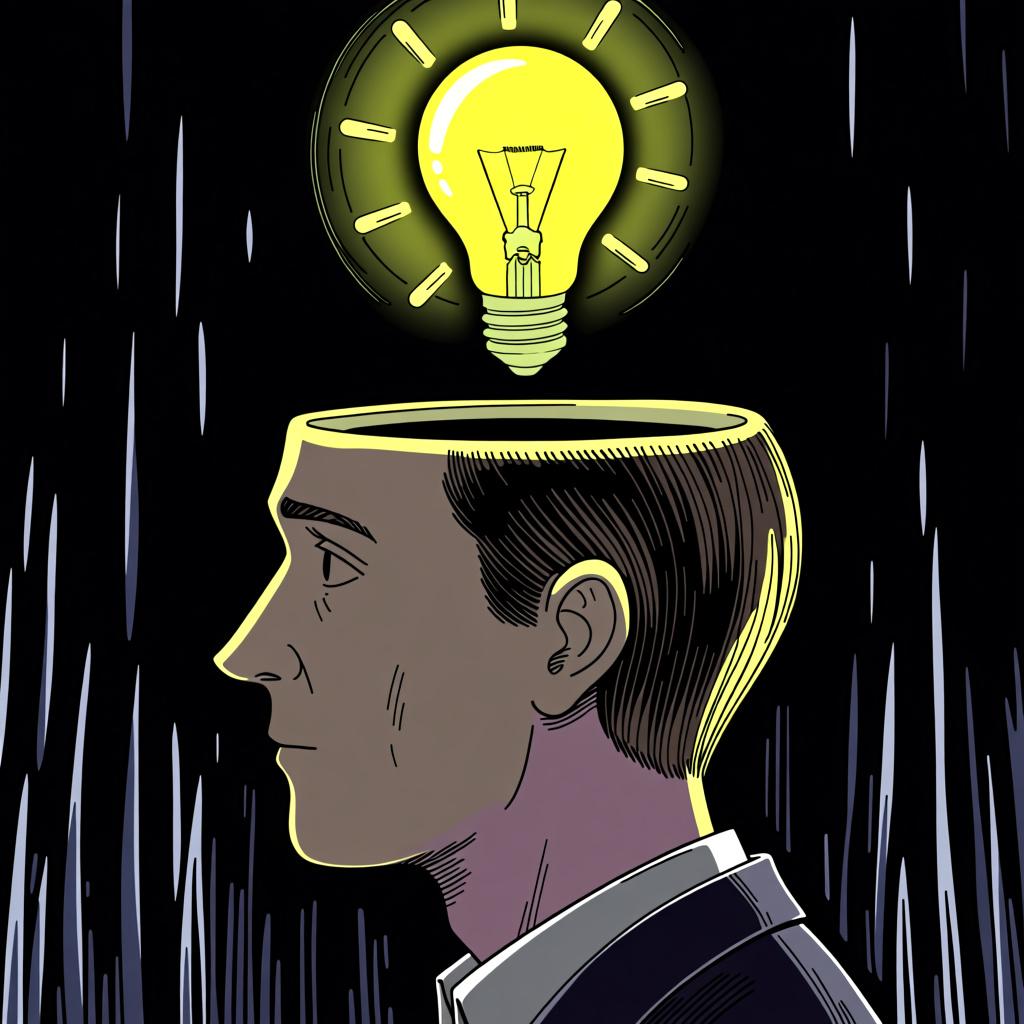 A person with a single glowing lightbulb above their head, symbolizing the act of knowing something.