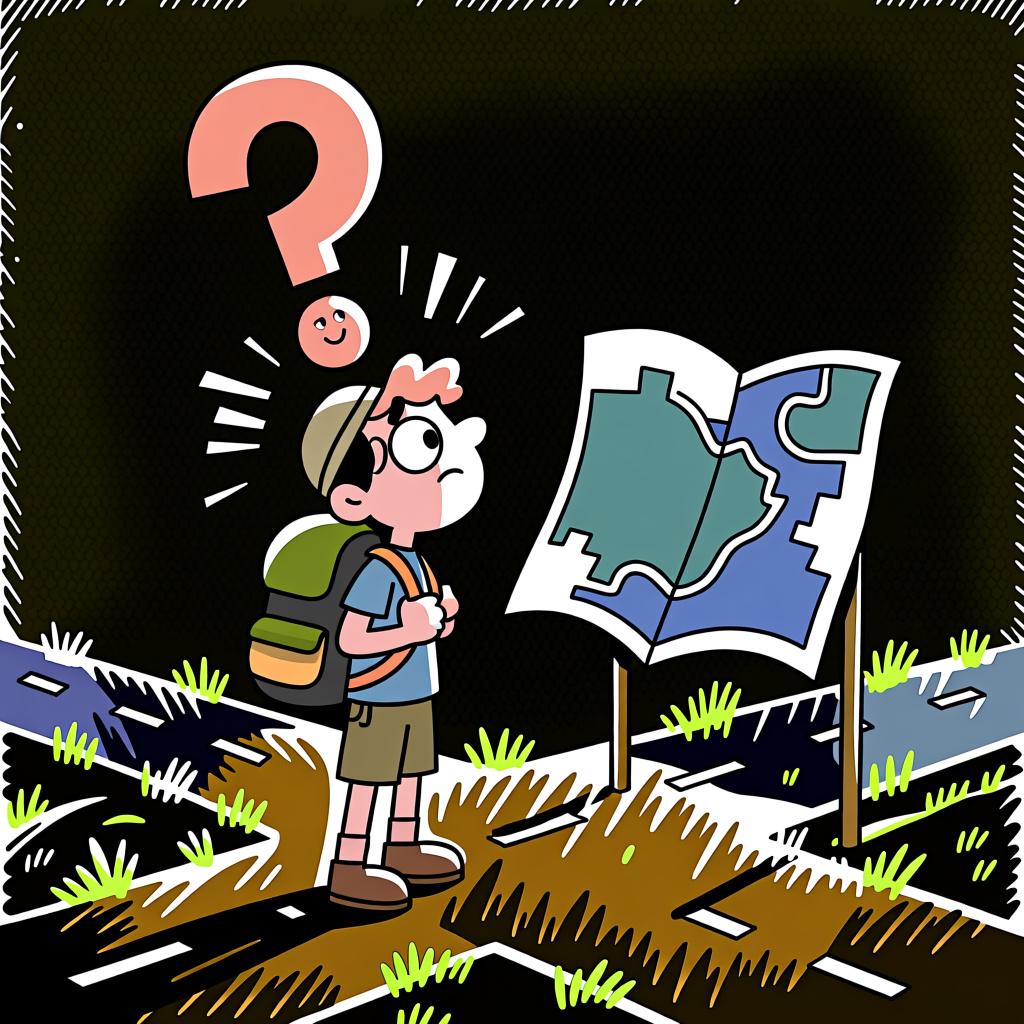 A traveler looking at a large, colorful map with a big question mark symbol floating above it, trying to figure out a location.