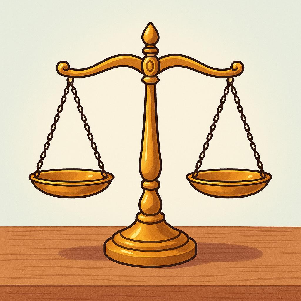 A perfectly balanced golden scale of justice, resting on a simple wooden surface, symbolizing adherence to the law.