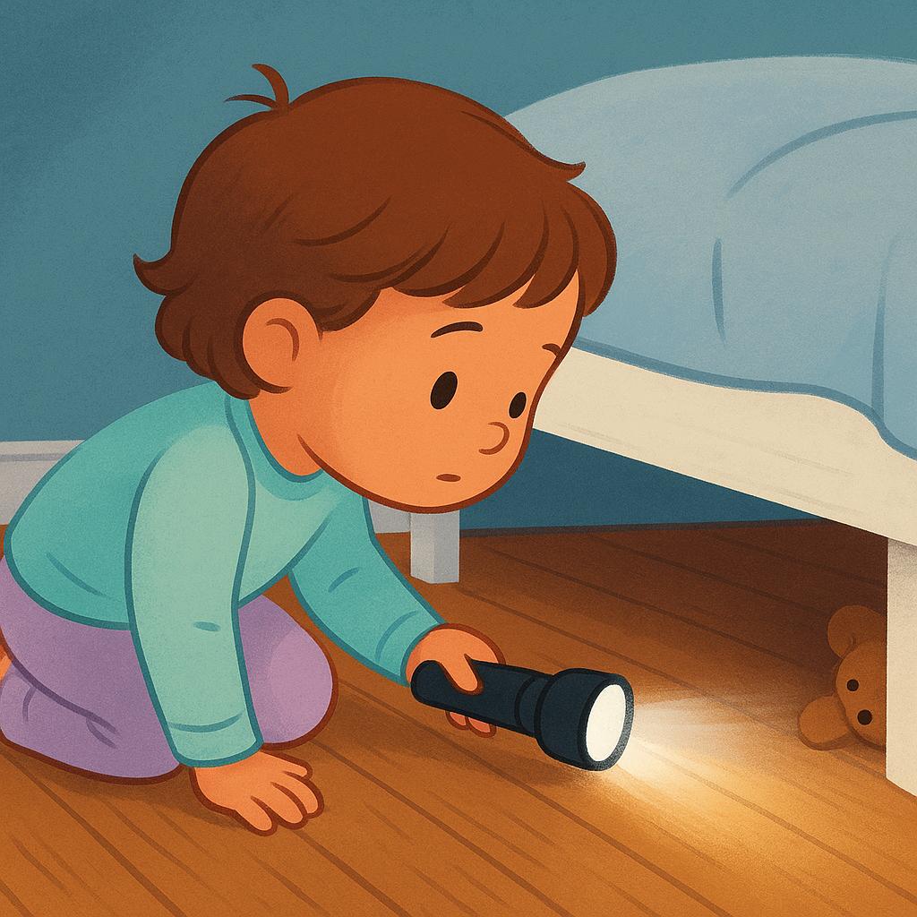 A colorful illustration showing a young child kneeling down and actively searching for a teddy bear underneath a low bed, using a flashlight.