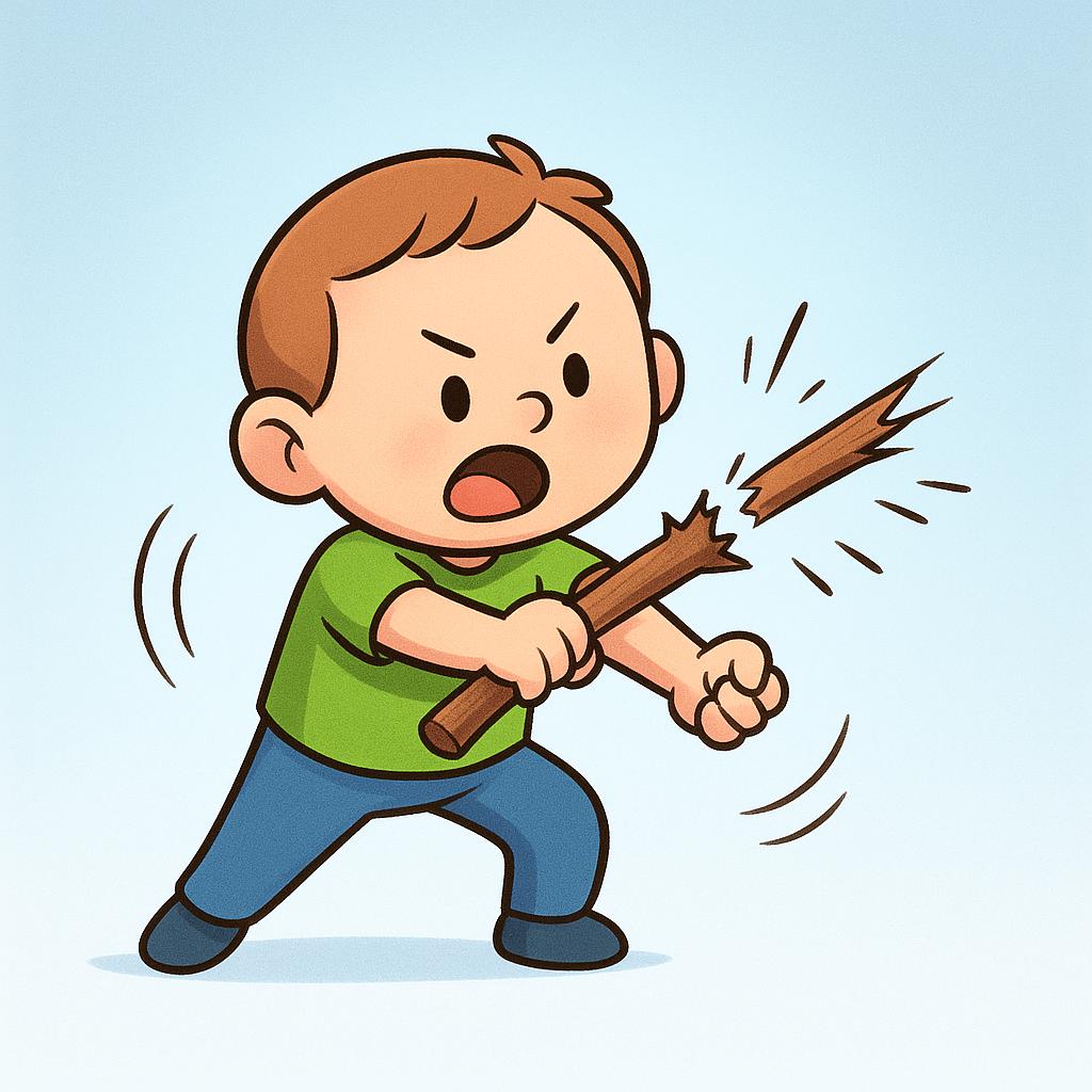 A cartoon child wearing a green shirt uses both hands to forcefully snap a brown wooden stick completely in half, illustrating the action of breaking.