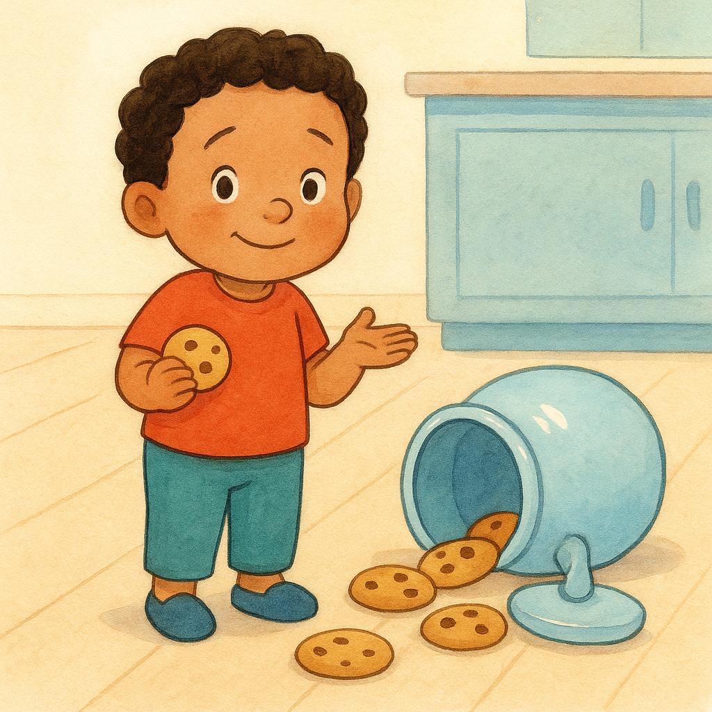 A child standing beside an overturned cookie jar, holding a cookie, illustrating the act of admitting a mistake.