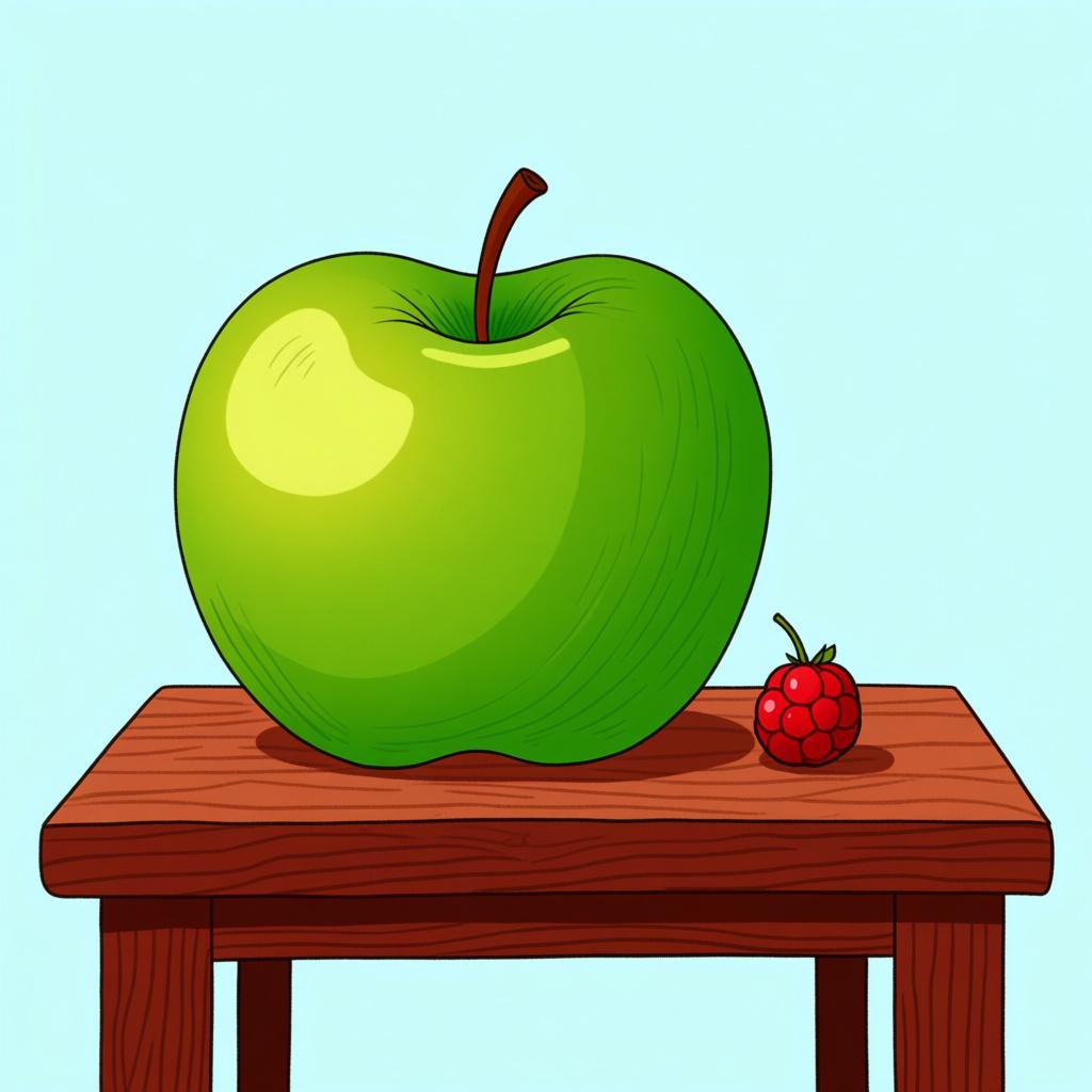 A gigantic green apple sitting on a wooden table next to a single, extremely small red berry, illustrating the concept of physical smallness.