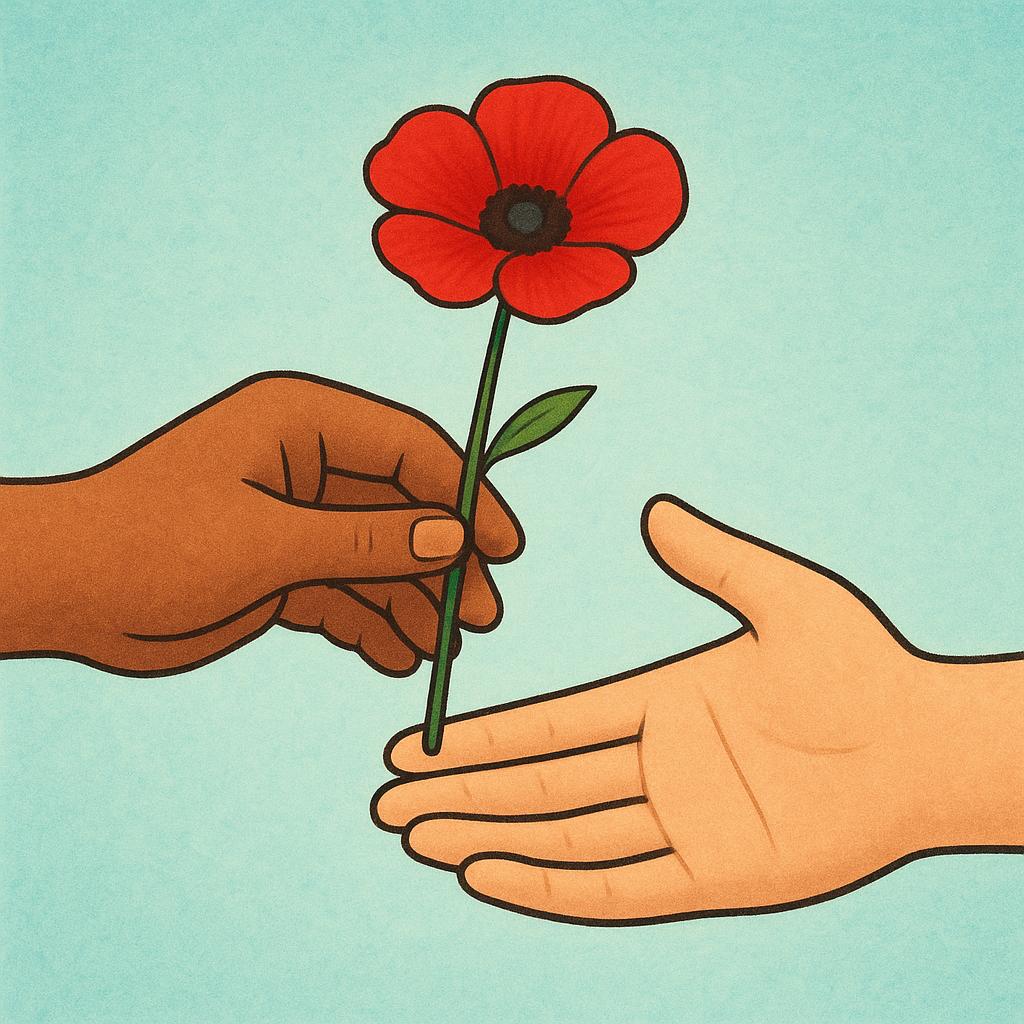 A simple illustration showing one hand gently offering a single red flower to another open, waiting hand.