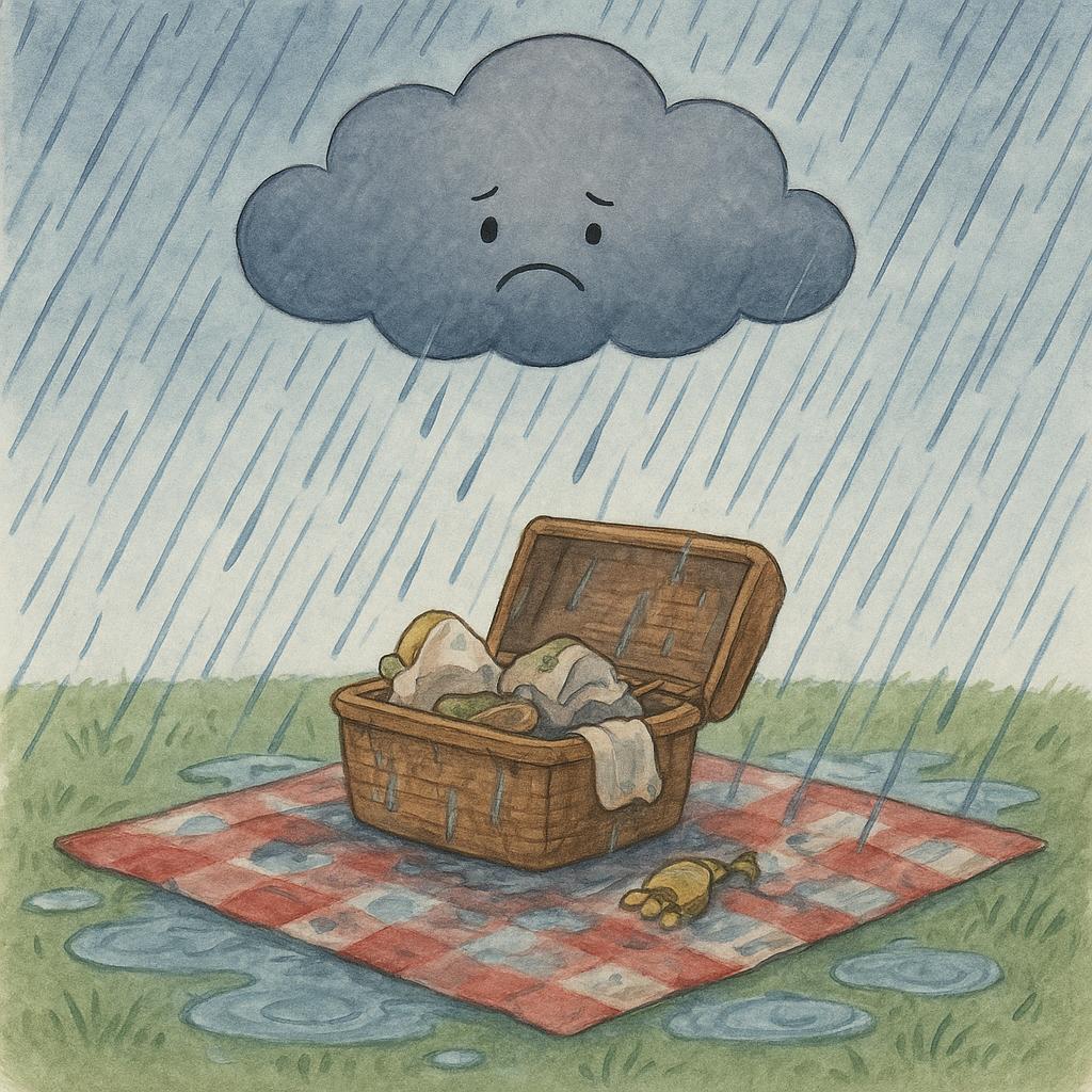 A colorful illustration of a picnic blanket and basket soaked by heavy, dark rain, symbolizing a horrible situation or experience.