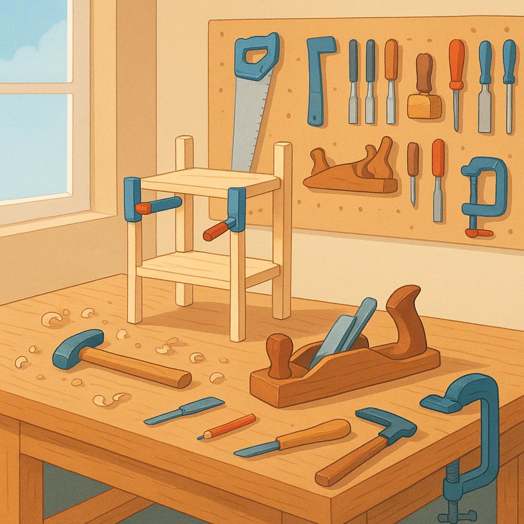 A brightly lit interior of a carpentry workshop showing a wooden workbench, various hand tools hanging neatly on the wall, and a piece of unfinished furniture.