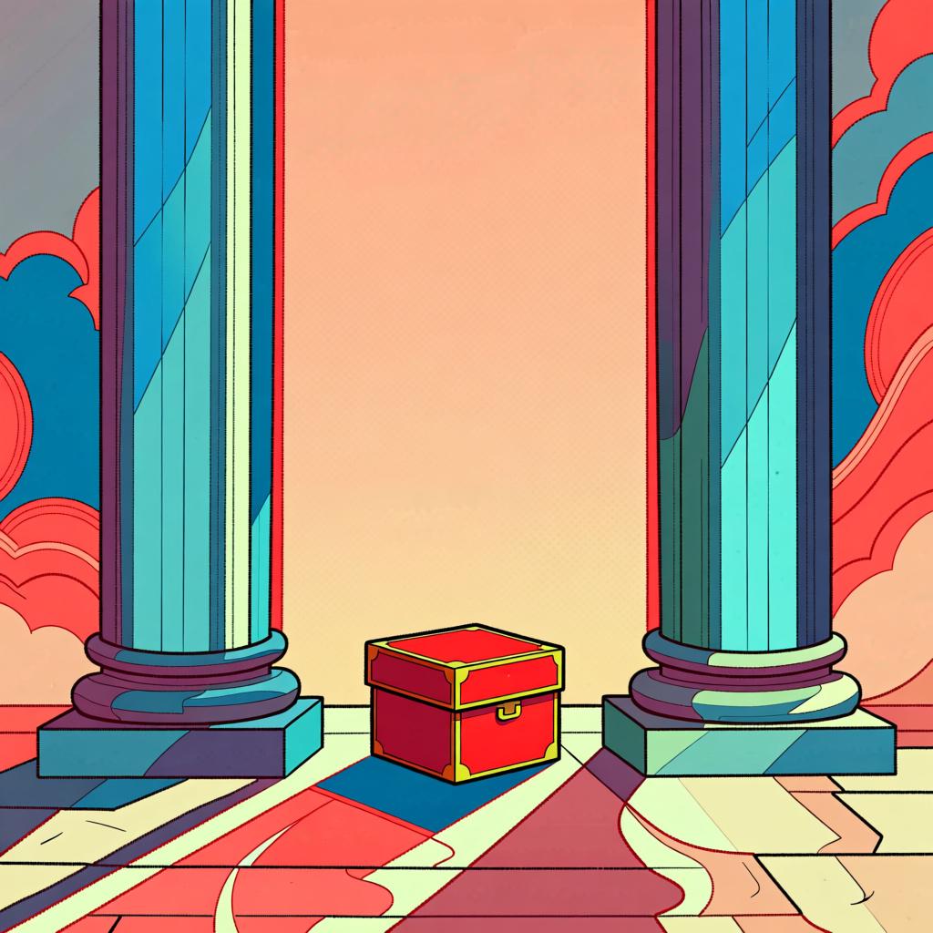 A small red box positioned exactly between two large, identical blue pillars.