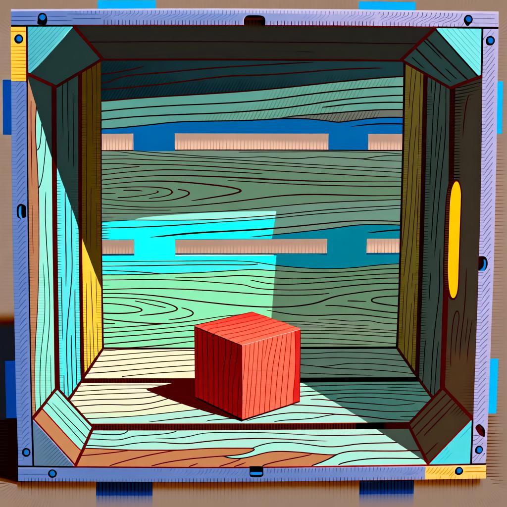 A single red wooden block resting clearly on the bottom floor inside a large, open blue wooden crate, illustrating the concept of 'inside'.