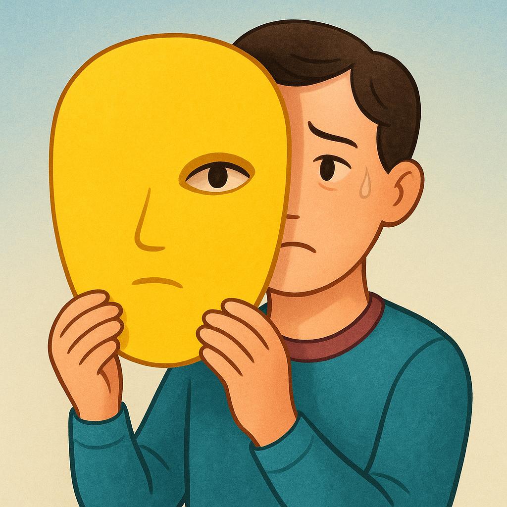 A simple storybook illustration of a stylized person holding a large, cheerful, yellow mask partially covering their face, symbolizing deception.