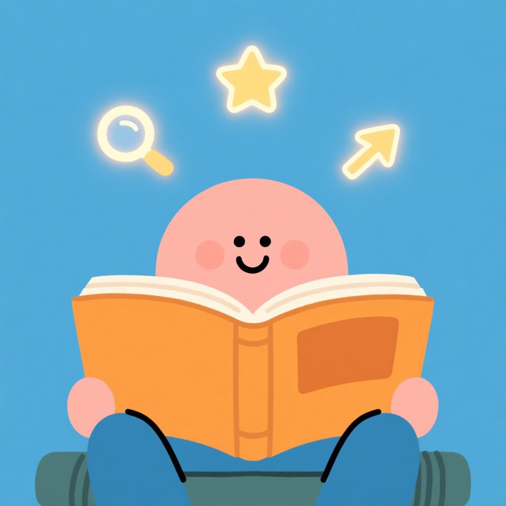 A friendly, curious character reading a very large, open book. Colorful, simple symbols like a magnifying glass, a lightbulb, and a star float above the pages, representing the acquisition of knowledge and facts.