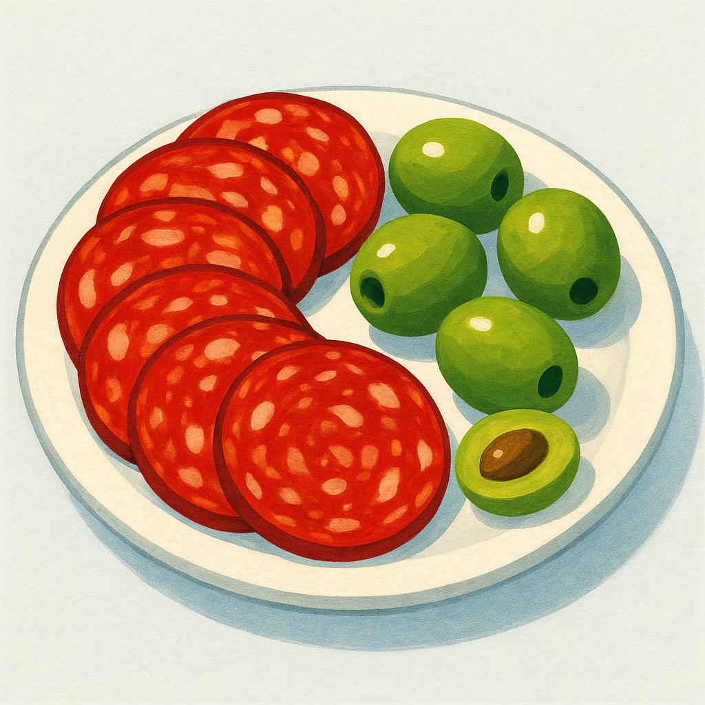 A small white ceramic plate holding slices of red Spanish chorizo sausage and green olives.