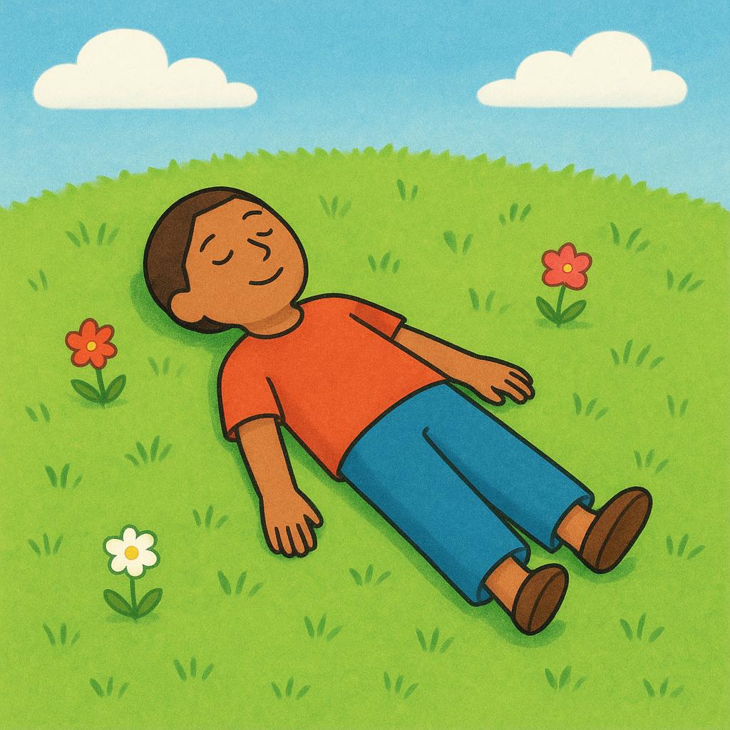 A colorful, simple storybook illustration showing a person lying flat on their back on a patch of green grass, looking relaxed.