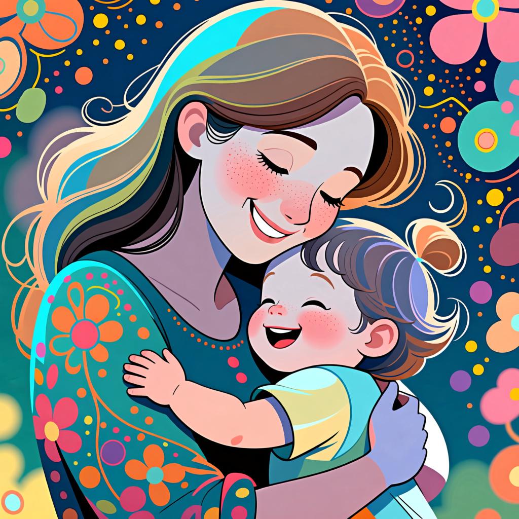 A warm illustration of a mother with brown hair hugging her young child, both are smiling.
