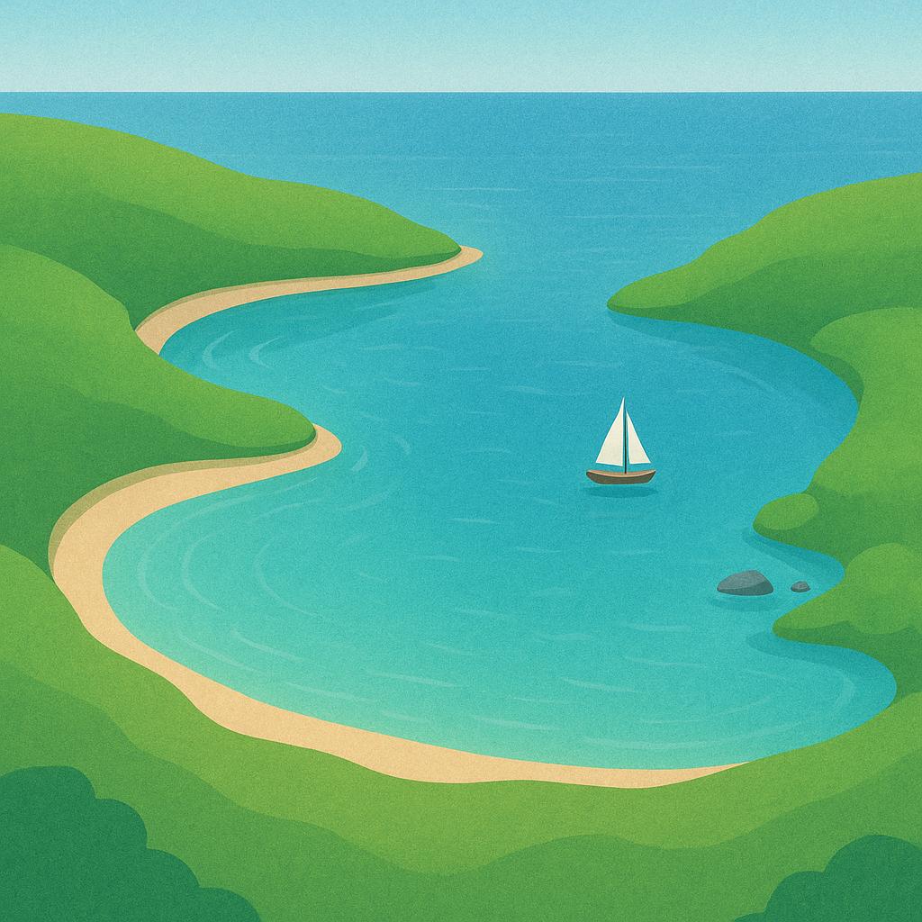 An aerial view illustration showing a deep blue bay surrounded by lush green land, clearly depicting a sheltered coastal inlet.