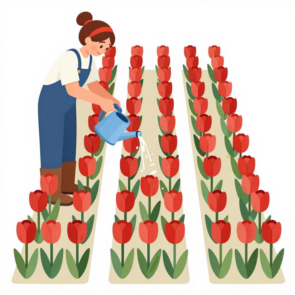 A row of identical potted flowers being watered by a gardener at even intervals.