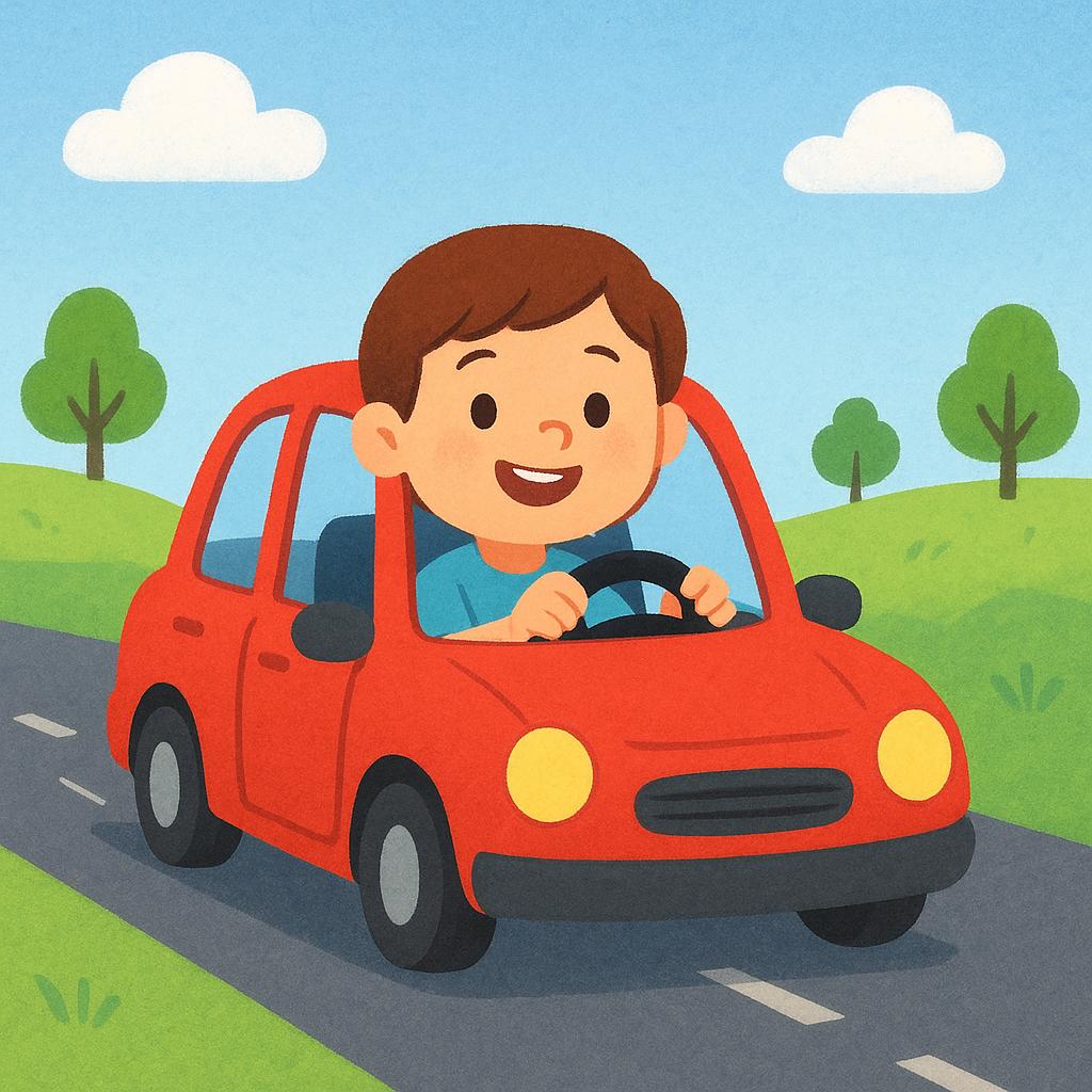 A person sitting happily in the driver's seat of a bright red car, holding the steering wheel and looking forward, illustrating the action of driving.