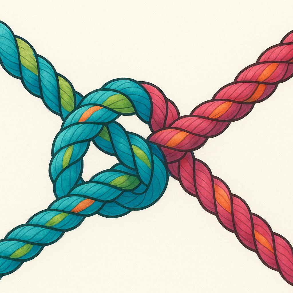 A close-up view of two thick, colorful ropes being knotted together to form a single continuous length.