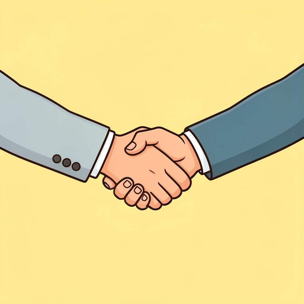 Two people shaking hands firmly in front of a warm, solid background.