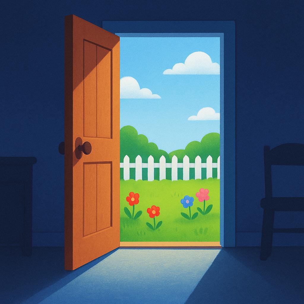 An open wooden door leading from a dimly lit interior into a bright, sunny outdoor garden, symbolizing a clear way out.