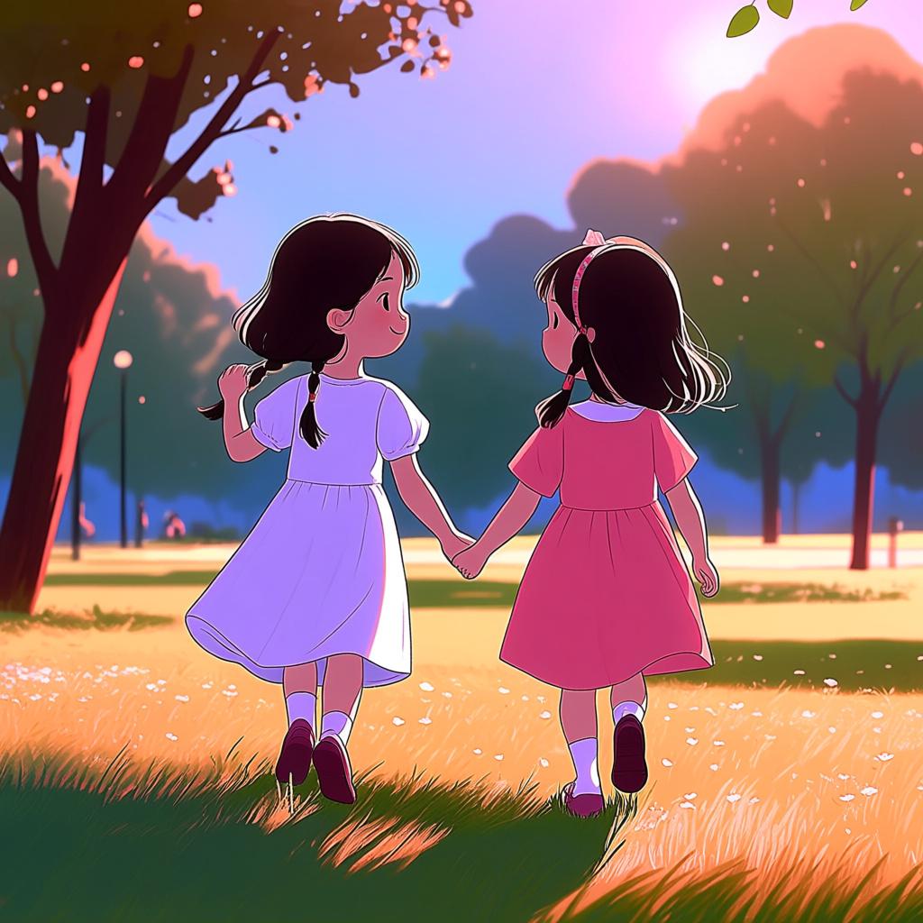 Two young girls, clearly sisters, smiling and holding hands while walking outside on a sunny day.