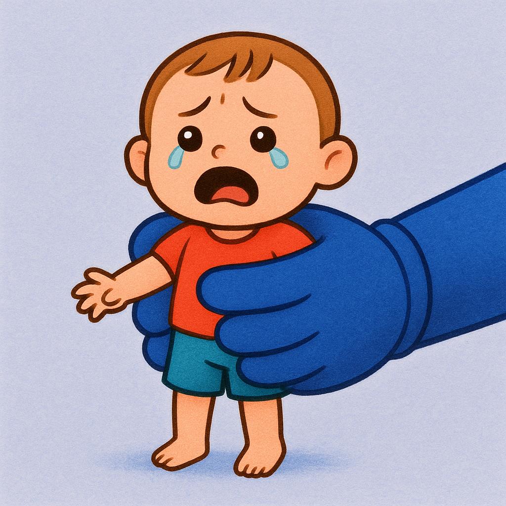A small, simplified figure with a distressed expression is being held tightly and lifted away by a large, brown, gloved hand.