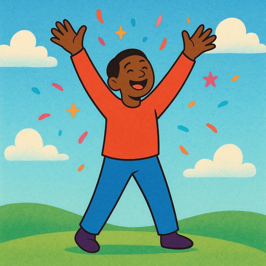 A person with wide smile raising both arms up in a gesture of celebration and cheering. The background is bright and colorful.