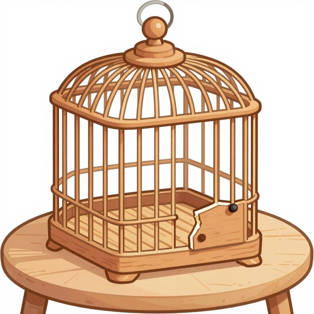 A birdcage with an open and bent door, symbolizing a breach of privacy or rights.