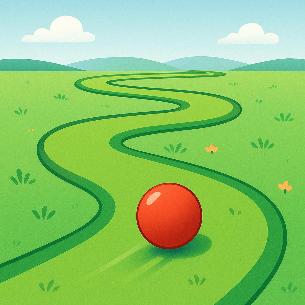 A high quality simple colorful storybook illustration showing a small red ball rolling continuously along a winding green path that stretches into the distance, symbolizing ongoing action.