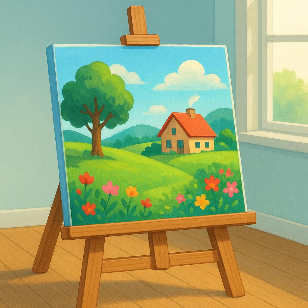 A finished painting resting on a wooden easel in a brightly lit studio, representing an artistic creation.