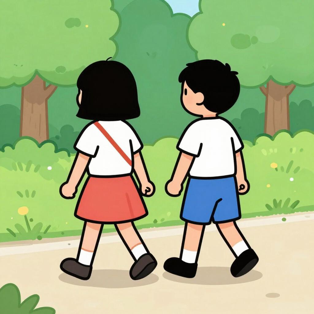 Two people in a park coming to a complete halt while walking.