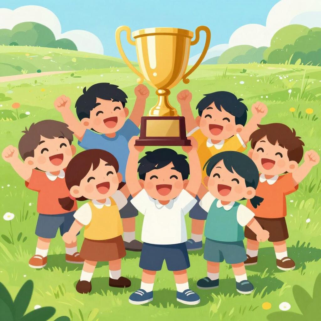 A group of joyful children holding a golden trophy together on a grassy field.