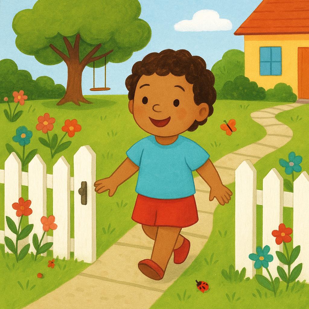 A small child is happily walking back into their brightly colored yard through a white picket gate, signifying a return.