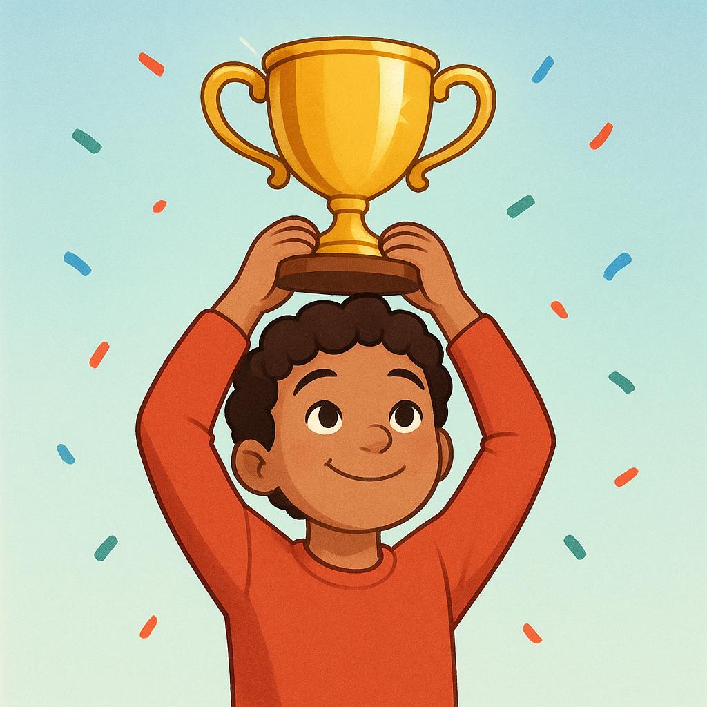A young character is smiling brightly while holding a large, shining golden trophy high above their head, signifying victory or a prize earned.