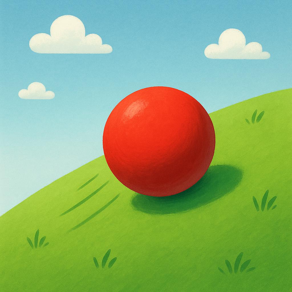 A bright red ball paused halfway down a gentle green slope, illustrating downward movement.