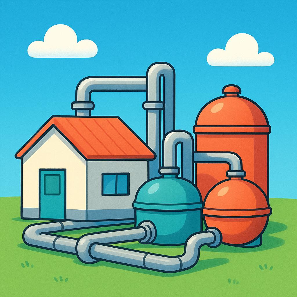 A simple, colorful illustration depicting a small, functional facility, showing a main building structure connected to large, clearly visible pipes and storage tanks.