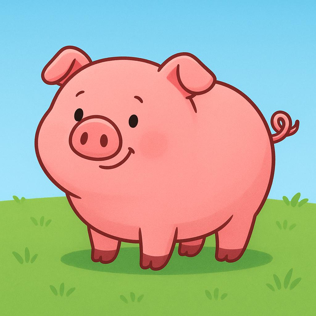 A very round, plump pig standing in a green field, illustrating large physical size.