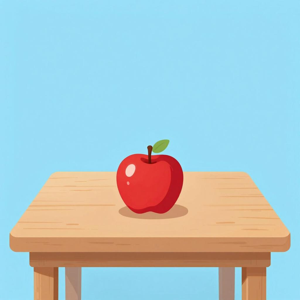 A single, simple red apple sitting alone on a plain wooden table.
