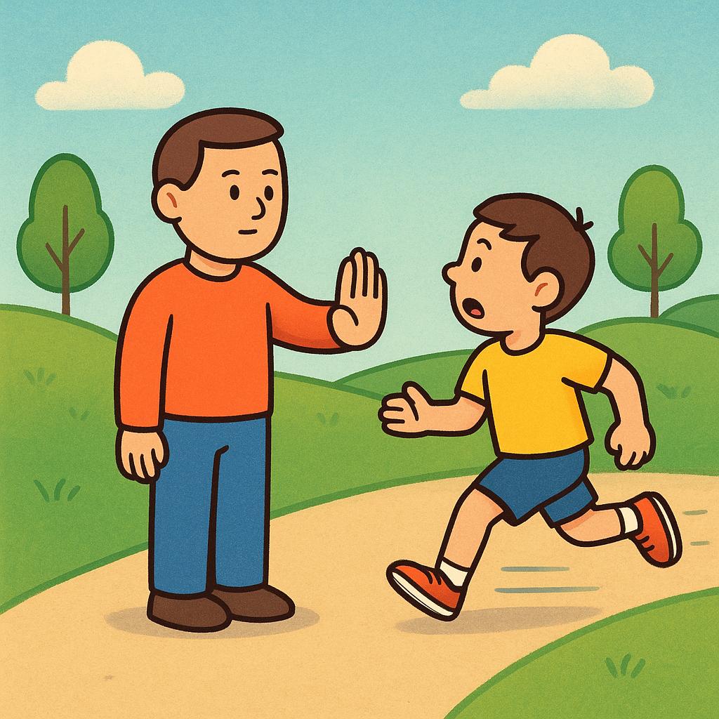 A simplified illustration showing two people running outdoors. The person in front has stopped abruptly and holds up their hand with the palm facing the second runner, signaling them to halt.