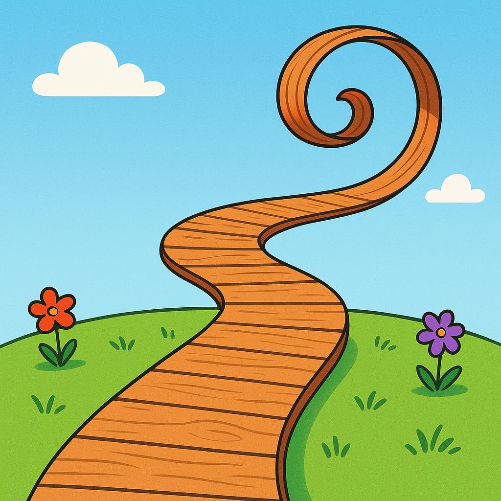 A brightly colored wooden path that starts straight but suddenly bends and twists into an illogical, unnatural loop, symbolizing deviation from a straight course.